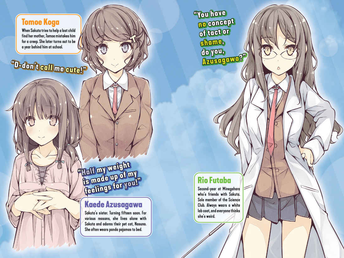Diversos personajes de "Seishun Buta Yarou": Kaede Azusagawa, Tomoe Koga y Rio Futaba. AoButa Novelas ligeras Light Novels