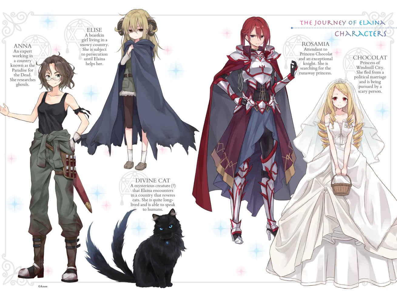 Algunos de los personajes principales de "Majo no Tabitabi": Anna, Elise, Rosamia y Chocolat. La ilustración, obra de Azure, pertenece al Vol. 2 de "Wandering Witch: The Journey of Elaina".