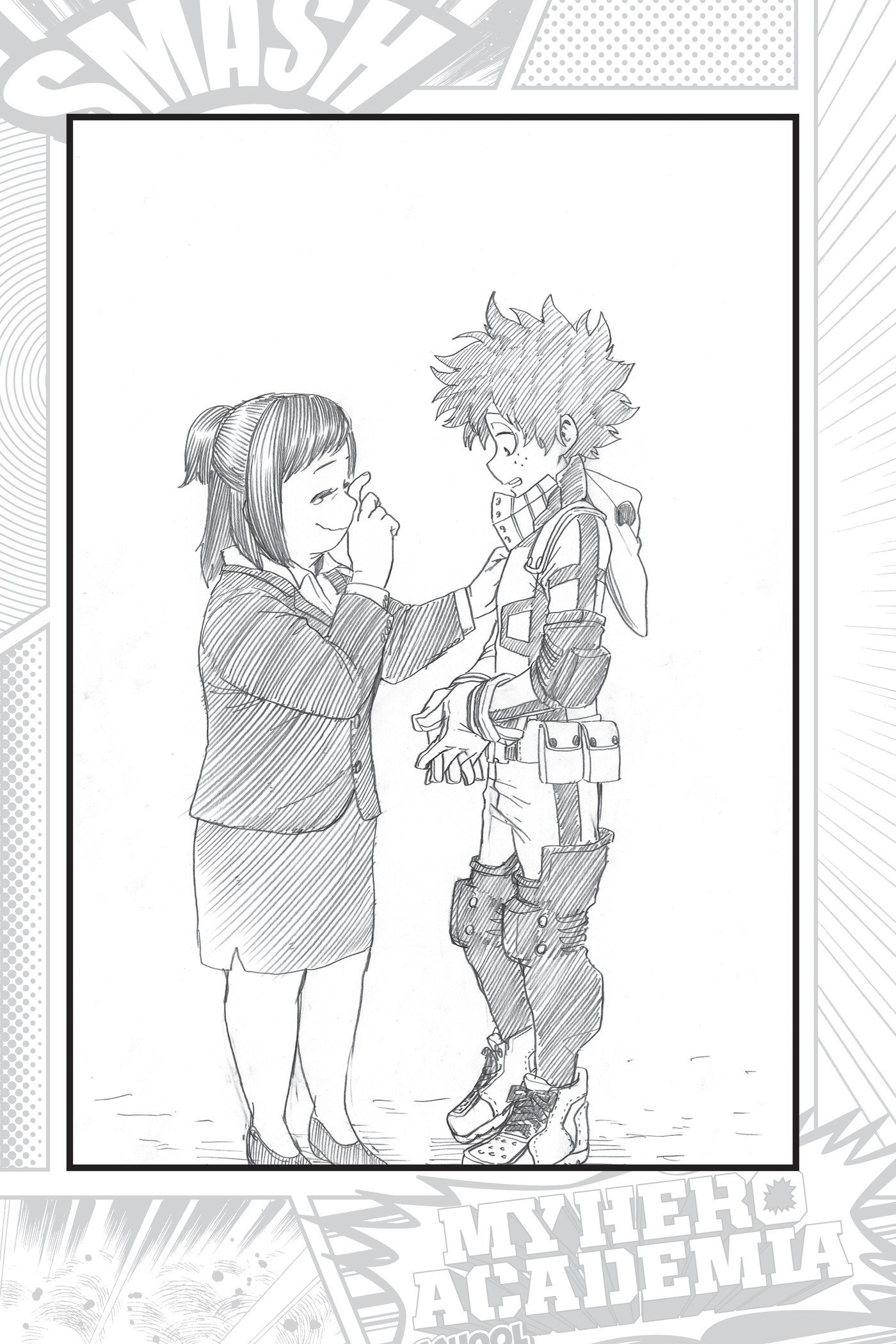 Otra ilustración de las novelas ligeras de "Boku no Hero Academia", en la que aparece Izuku Midoriya con su madre. My Hero Academia: Anotaciones de la Yûei